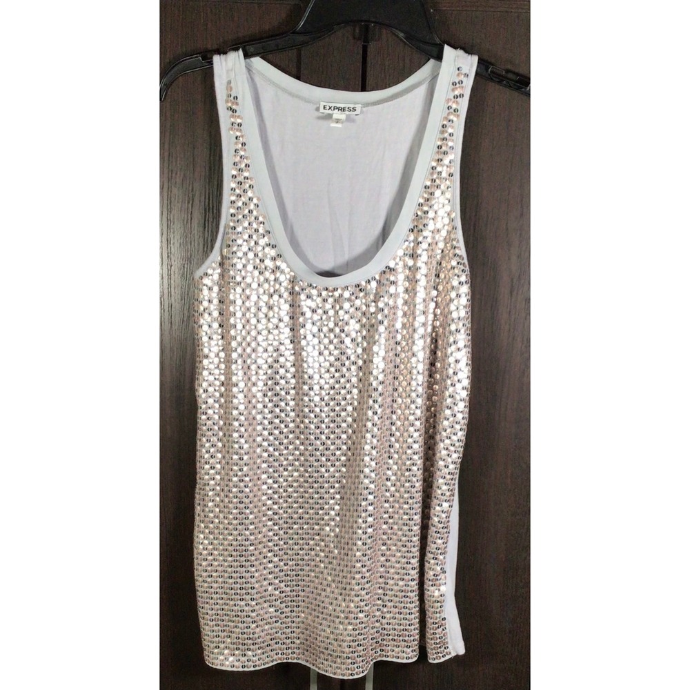 Express Women Sequin Front Scoop Neck Party Tank Top Grey Rose Gold Small